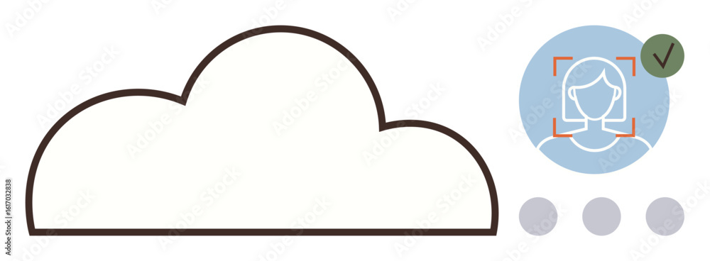 Poster large cloud outline connected to face recognition indicator with verification checkmark. ideal for d