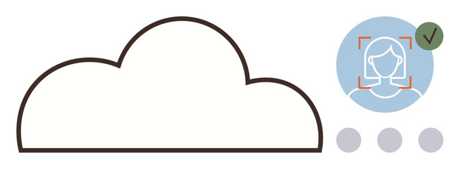 Large cloud outline connected to face recognition indicator with verification checkmark. Ideal for data security, networking, cloud backup, digital identity, access control, technology, simple flat