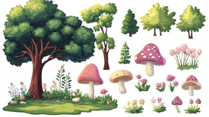 Charming woodland scene illustration showcasing diverse trees, mushrooms, and wildflowers