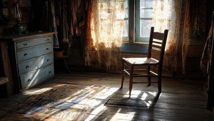 Sunlight streams into a rustic room