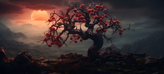 A haunted gothic Miracle fruit perched on a wind-swept hill art,ai generative
