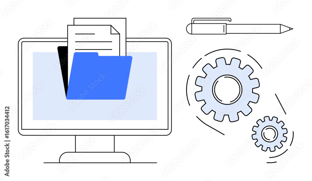 Poster computer screen with folder and documents, gears representing automation, pen symbolizing documentat