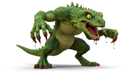 Fototapeta premium Menacing Green Reptilian Monster with Bloody Claws on White Background