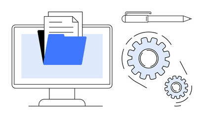 Computer screen with folder and documents, gears representing automation, pen symbolizing documentation. Ideal for workflow, automation, data storage, teamwork, management, digital processes