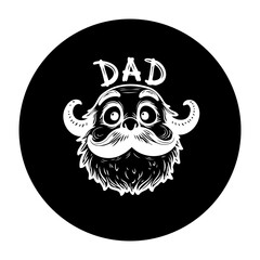 Whimsical illustration of a cartoon dad with a beard and mustache celebrating father's day and family love
