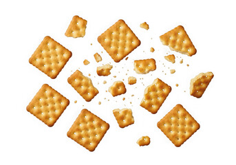 Square crackers scattered and broken, isolated on transparent background
