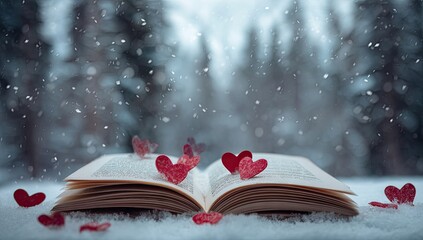 Open book in snowy forest scene with red hearts