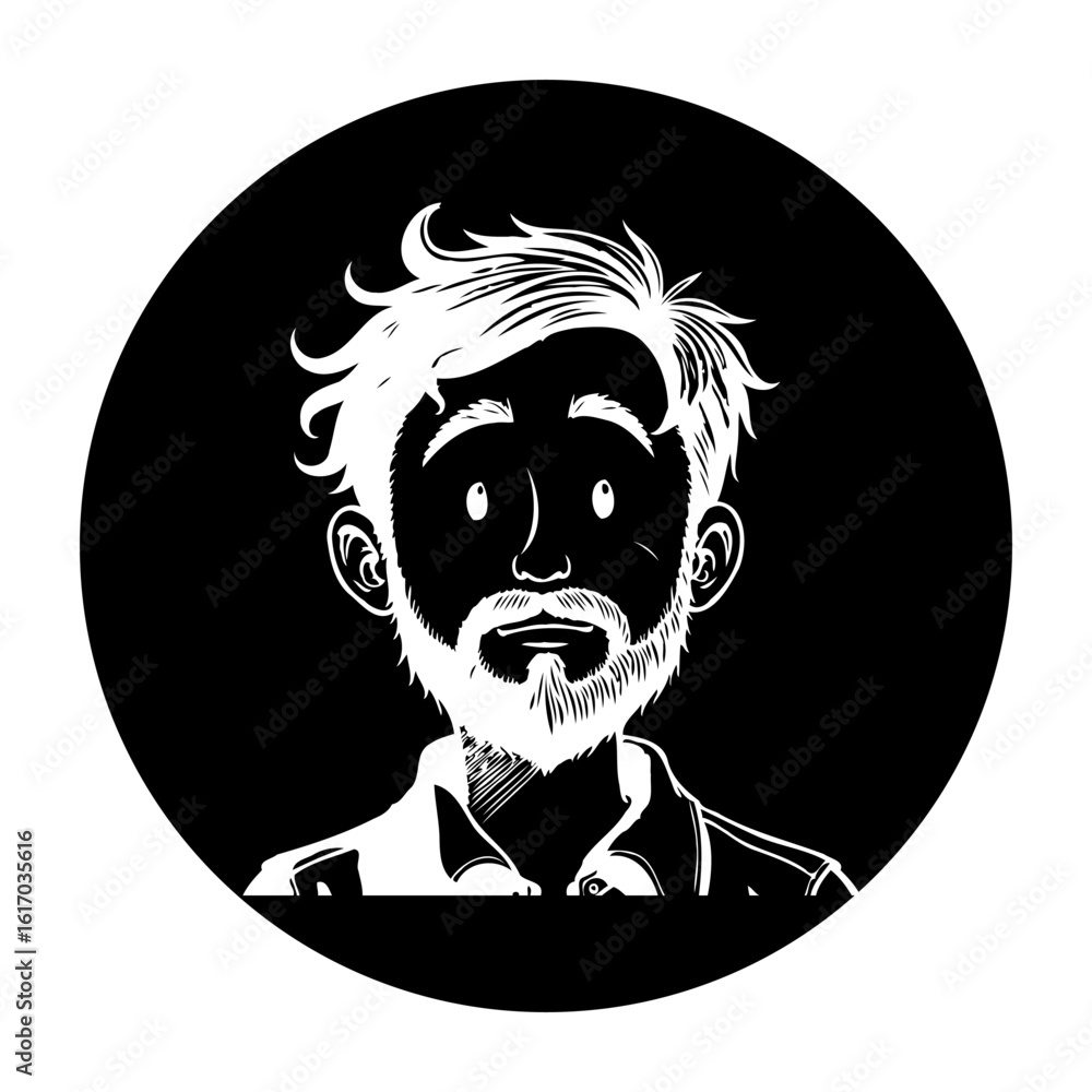 Poster illustration of a bearded man with a serious expression displayed within a circular frame black back
