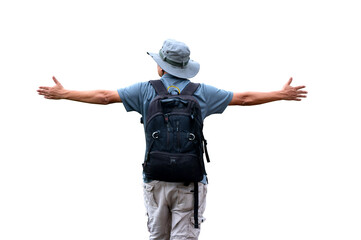 Behind a backpacker on a white background