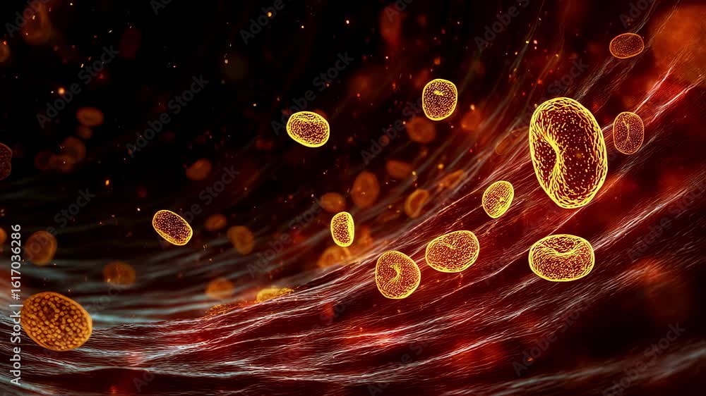 Poster fluid simulation capturing luminous golden platelet formations spinning and crowding arterial flow d