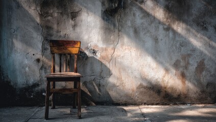Old wooden chair against a weathered wall. Sunlight casts shadows