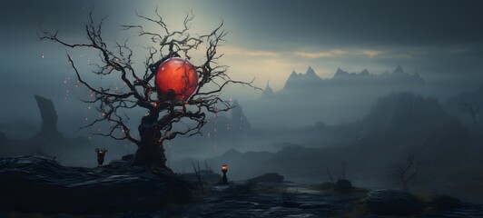 A haunted gothic Miracle fruit perched on a wind-swept hill art,ai generative