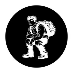 Monochrome illustration of a crouching man with backpack in a black circle isolated on white background
