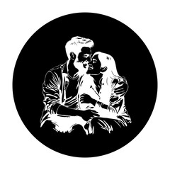Fototapeta premium Romantic couple's monochrome embrace in circle silhouette showcasing intimacy and affection in vector illustration with tenderness and love