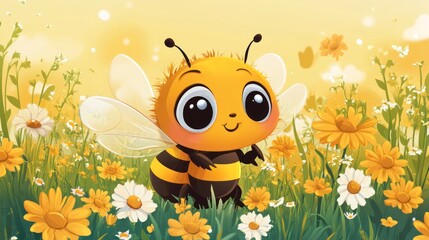 A cheerful cartoon bee amidst a vibrant field of daisies and wildflowers, basking in warm sunlight.