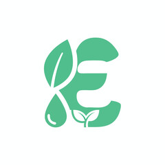 Eco-Friendly Letter E Logo with Leaf and Waterdrop Design.