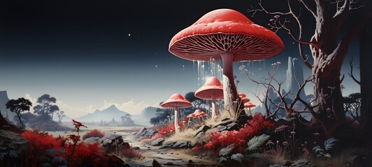 A haunted gothic mushroom perched on a wind-swept hill art, generative ai