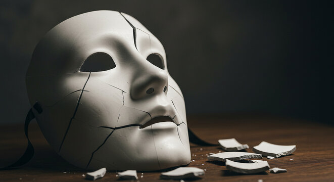 loss of identity and self-deception, broken white theatrical mask on dark wooden surface