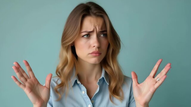 Woman raising hands with uncertain and skeptical expression
