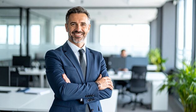 A successful businessman is looking directly at the camera in a professional office setting. - Powered by Adobe