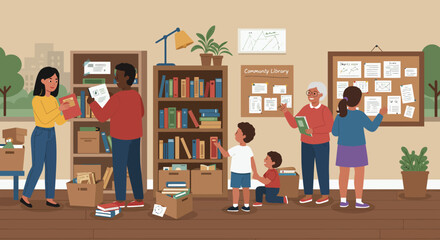Community Library Scene with People Browsing Books.
