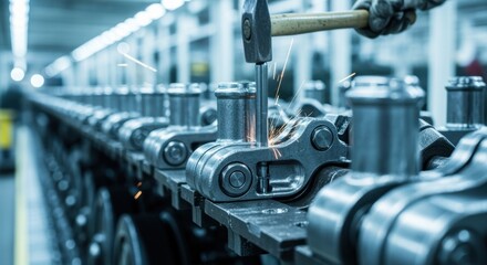 Naklejka premium Macro image of steel track pins and connectors being fitted to a modular armored vehicle track under bright factory lighting.