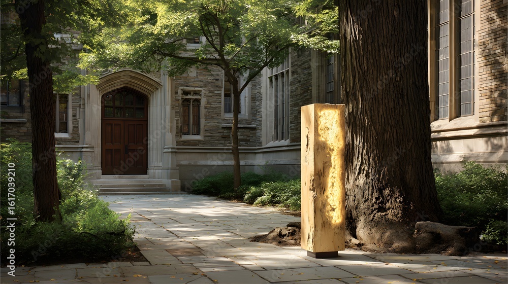 Poster illuminated rectangular sculpture in a campus setting.