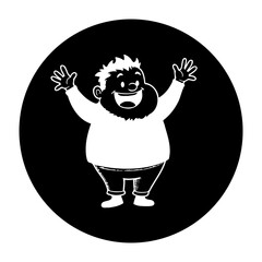 Cartoon illustration of a happy character with open arms in a black circle minimal style character