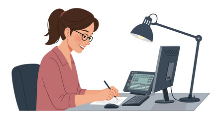 Woman Writing at Desk with Computer and Lamp.
