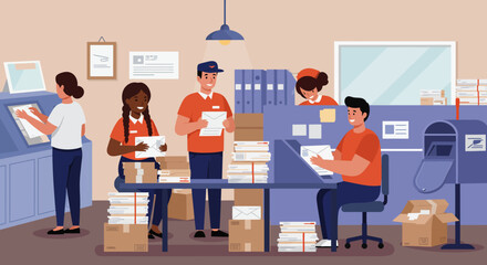 Postal Workers Sorting Mail and Packages in Office.