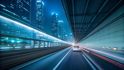 The image captures a car speeding through a tunnel at night, with blurred light trails and towering buildings illuminated against the dark