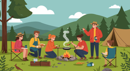 Fototapeta premium Group of Friends Camping and Cooking Outdoors.