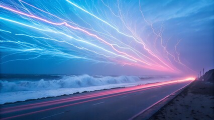 The image displays a coastal road with light trails from passing cars, a rough ocean with waves, and streaks of light in the sky, creating a surreal and dynamic