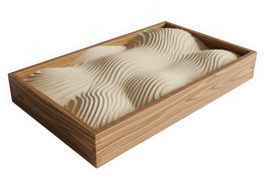Zen garden with raked sand patterns in a wooden tray isolated on transparent background