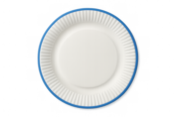 White paper plate featuring blue border, highlighting clean design for serving food, positioned against transparent backdrop
