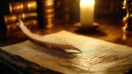 a close-up of a quill pen resting on an old parchment, on a wooden desk with warm historical lighting