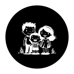 Happy family illustration showing a father, mother, and child in black and white colors standing closely together