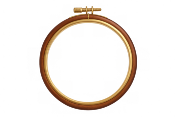 Circular wooden embroidery hoop, transparent backdrop highlighting needlework and cross-stitch craft projects