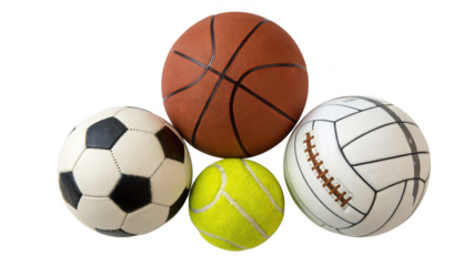 Collection of four different sports balls arranged together isolated on transparent background