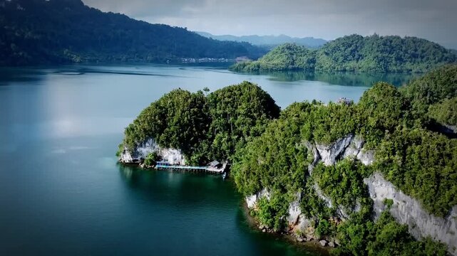 Footage 4K - Drone view of Puncak Marindal, Kabui Bay, Raja Ampat. A green karst island with a wooden pier in clear blue sea water, surrounded by tropical forests and white cliffs.