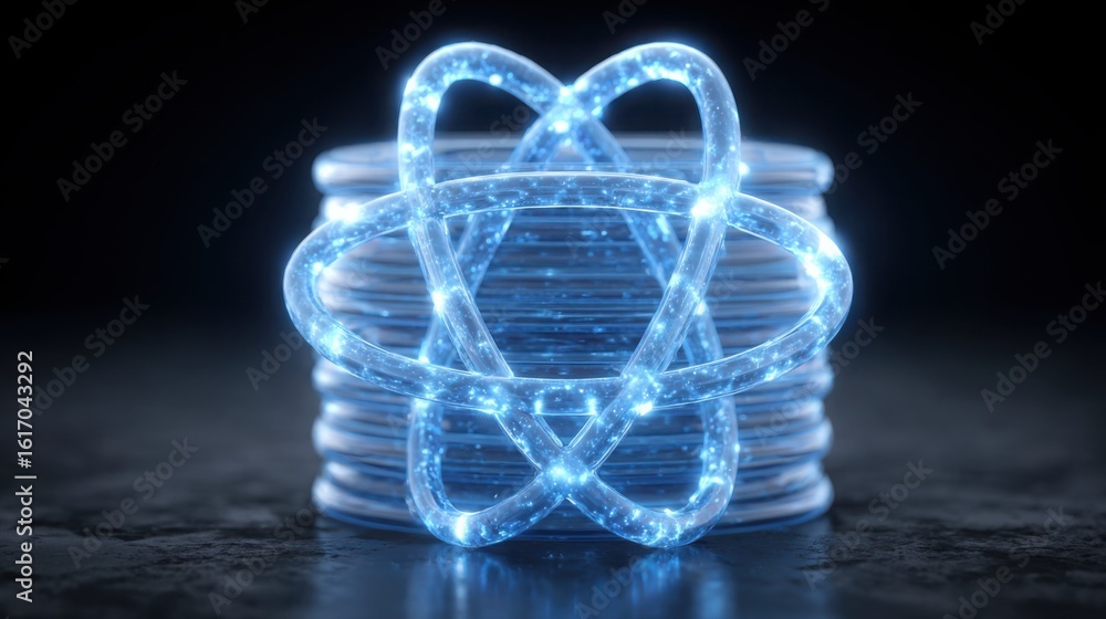 Poster conceptual stack of blue glowing elements representing advanced decentralized finance solutions in a