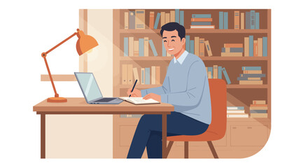 Smiling Man Writing at Desk with Laptop.