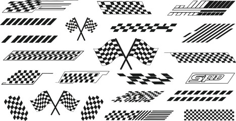 Dynamic racing checkered flags and stripe decals for automotive customization