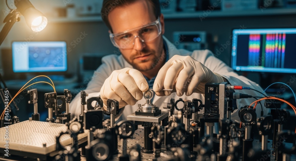 Poster laboratory technician adjusting optical components within an interferometer system for accurate mirr