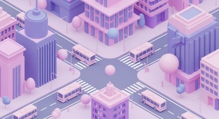 Isometric View of a Pastel Colored Cityscape Featuring a Busy Intersection with Buses and Buildings