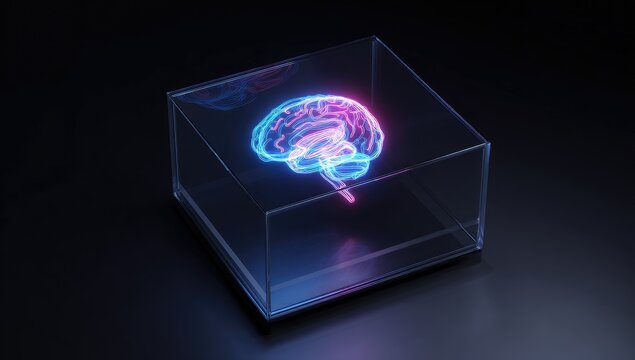 Neon brain in glass box