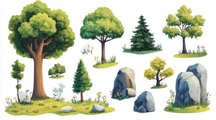 Illustration featuring a collection of various trees, rocks, grass, and small flowers on a white background.