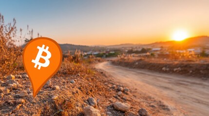 Quantum finance navigator icon concept featuring a bitcoin pin on a map representing strategic financial guidance