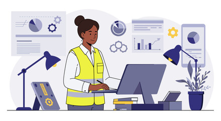 Female Engineer Working on Laptop with Charts.