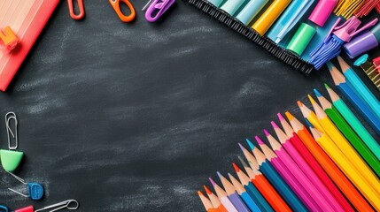 a flat lay of colorful school supplies pencils, notebooks, paperclips neatly arranged on a chalkboard background with space for text